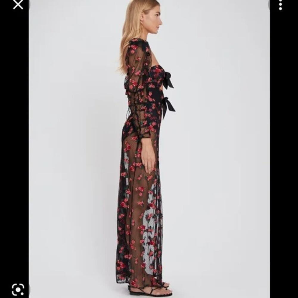 For Love & Lemons Blondie Maxi Dress Roses Mesh Bodysuit Tulle Puff Sleeve Small - Picture 3 of 13